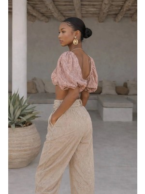 Lokadi Çizgili Pofuduk Kollu Büzgülü Crop Top ve Yüksek Bel Şalvar Pantolon Ikili Takım