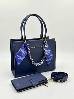 Just Polo Kadın Gold Zincirli Şal Detaylı Şık El & Omuz Çantası ve Cüzdanı Kombin Shopper Ebat: 20 x 25 cm
