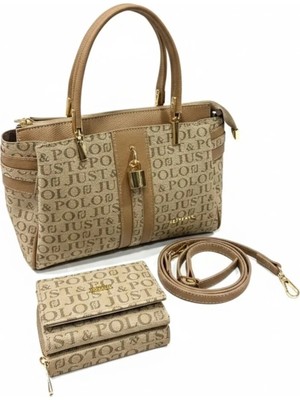 Just Polo Kadın Lüks El & Omuz Çantası Gold Detaylı Özel Tasarım Çanta ve Uyumlu Cüzdan 22X28 cm