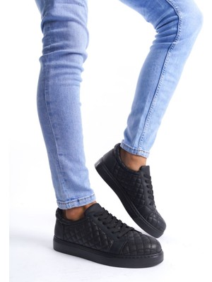 ET166 Prestige Bağcıklı Cilt Kapitone Desenli Erkek Günlük Sneaker Ayakkabı St - Siyah