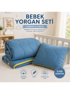 Home %100 Pamuk Bebek Yorgan Seti 90X140 cm – Yastıklı (35X50) Çantalı Mavi