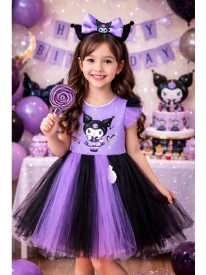 HN Sport Kız Çocuk Kuromi Temalı Elbise Taç Hediyeli Parti Mezuniyet Doğum Günü Kostüm Düğün Etkinlik