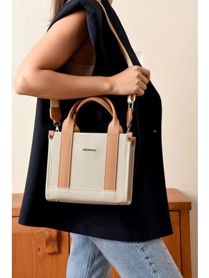 Just Polo Kadın Krem Taba Orta Boy Keten El ve Omuz Çantası 236072MH