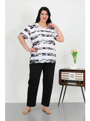 Pileli Store Pilelistore- Kadın Büyük Beden Kısa Kol Penye Pijama Takımı Beyaz