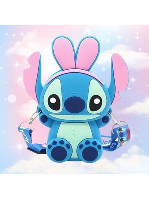Stitch Stiç Kız Erkek Çocuk Kuala Figürlü Silikon Mini Çapraz Çanta Mavi Renkli Askılı Sevimli Omuz Çantası