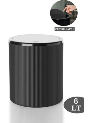 PremiumPort 6 Lt Pratik Kapaklı Çizgili Yuvarlak Mutfak ve Banyo Çöp Kovası