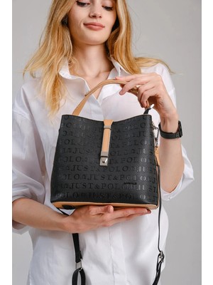 Kadın Orijinal Just Polo Siyah Taba 3 Gözlü Su Geçirmez Çapraz ve Omuz Çantası 22 x 20 cm