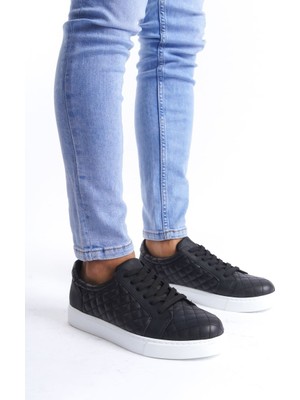 ET166 Prestige Bağcıklı Cilt Kapitone Desenli Erkek Günlük Sneaker Ayakkabı Bt - Siyah