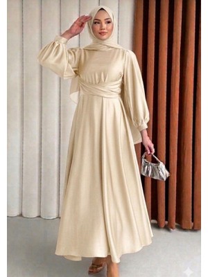 Diloxe Bel Dolamalı Saten Balon Kol Abiye