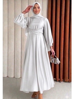 Diloxe Bel Dolamalı Saten Balon Kol Abiye