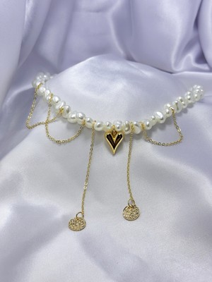 Gistoria Kalp Detaylı Inci Zincir Sallantılı Kolyе
