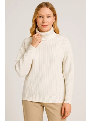 İlk El Grup Ieg™ Balıkcı Yaka Bağazlı Triko Kazak Pamuklu Kalın Fitilli Dokuma - Beyaz