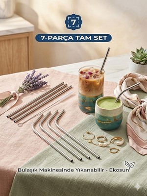 Tasarım Evi Premium 7 Parça Paslanmaz Çelik Metal Pipet Seti - 3 Düz, 3 Eğimli Pipet + Temizleme Fırçası