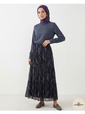 Trendkombinim Kadın Siyah Çiçek Desenli Katlı Pilesili Maxi Boy Etek