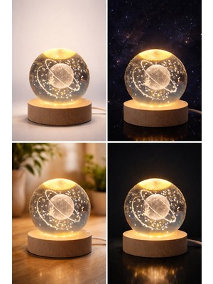 Zey Parıltı 3D Galaksi Kristal Küre LED Gece Lambası – Ahşap Tabanlı Dekoratif Uzay Lamba