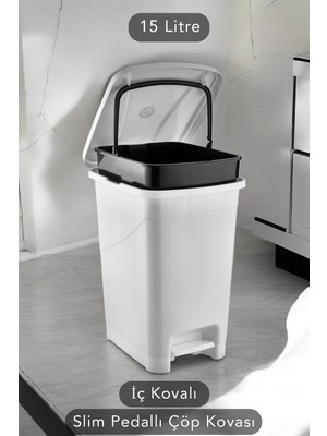 PremiumPort Slim Pedallı Beyaz Çöp Kovası, 15 Litre, Banyo ve Mutfak Için