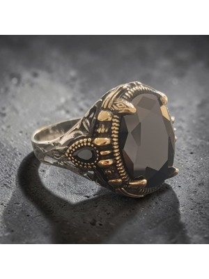 Umut Silver 925 Ayar Gümüş Desenli Siyah Oval Kristal Taşlı Erkek Yüzük
