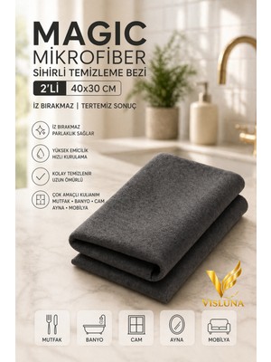 Visluna Magic 2’li Mikrofiber Bez 40X30 cm – Iz Bırakmaz, Süper Emici Temizlik Bezi