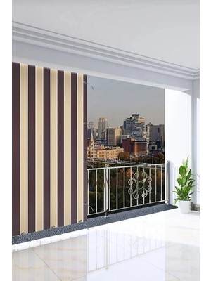 Meri Tekstil Kahve Krem Lüks  Çizgili Su Geçirmez Kornişli Bağcıklı Balkon Perdesi Branda Enxboy