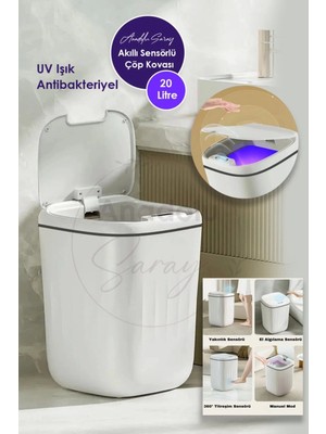 PremiumPort 20L Akıllı Uv Işıklı Antibakteriyel Çöp Kovası, Sensörlü ve Koku Gizleyici