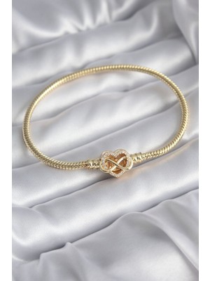 Epilons Pirinç Gold Renk Zirkon Taşlı Kalp Sonsuzluk Model Charm Kadın Bileklik - TJ-BB5797