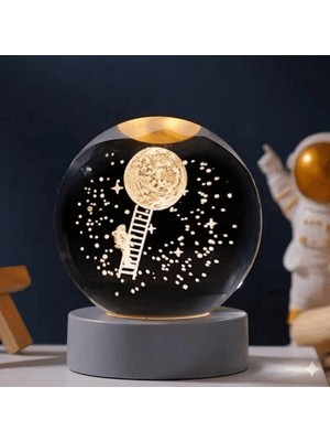Allwin 3D Kristal Cam Küre Gece Lambası - Ay'a Tırmanan Astronot Figürlü Uzay Temalı Işıklı Dekor - Hologram Cam Küre- Çocuk Odası, Ofis ve Uzay Meraklıları Için Yaratıcı Hediye