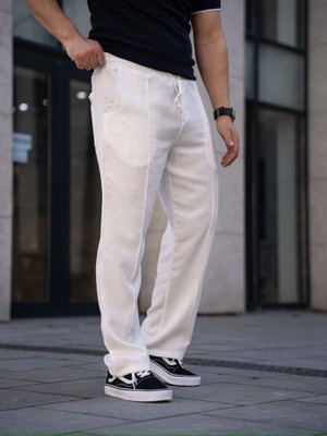 Zenvia Erkek Keten Cepli Çıma Dikişli Jogger Buggy Pantalon Rahat Kalıp - Beyaz