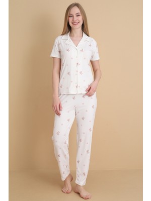 Wordex Mrn 9505 Ayıcık Desenli Pegasus Kumaş Düğmeli Kısa Kolu Kadın Pijama Takımı