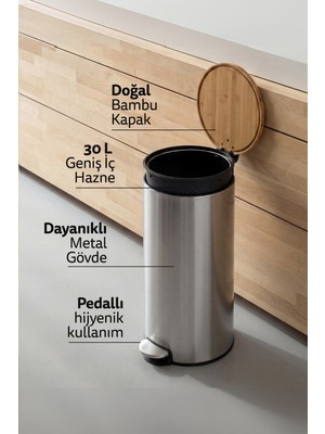 PremiumPort Şık Metal Pedallı Bambu Kapaklı 30 L Çöp Kutusu, Pratik ve Estetik Tasarım