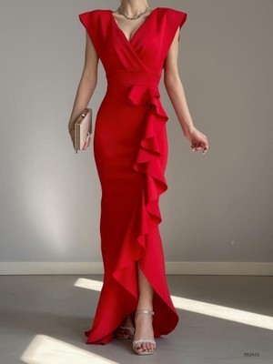 Diloxe Kruvaze Yaka Volanlı Nikah Düğün ve Mezuniyet Elbisesi