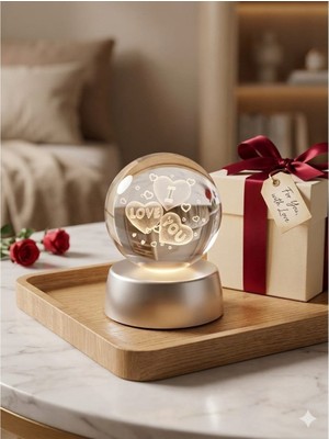 Belirtilmemiş 3D Kristal Küre I Love Kalp Desenli Işıklı Küre Sevgiliye Romantik Hediye, Doğum Günü , Yıldönümü Hediyesi Hologram Cam Küre