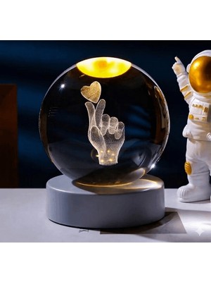 Allwin 3D Kristal Cam Küre Gece Lambası - Parmak Kalbi Figürlü Işıklı Dekoratif Lamba - Doğum Günü ve Sevgililer Günü Için Romantik Hediye, Parmak Kalp, Hologram Cam Küre