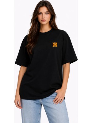 Camblys Unisex Amiri Klasik Logo Ön  Baskılı Oversize Kalın Kumaş Bol Kesim Pamuklu T-Shirt