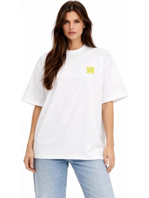 Camblys Unisex Amiri Klasik Logo Ön  Baskılı Oversize Kalın Kumaş Bol Kesim Pamuklu T-Shirt