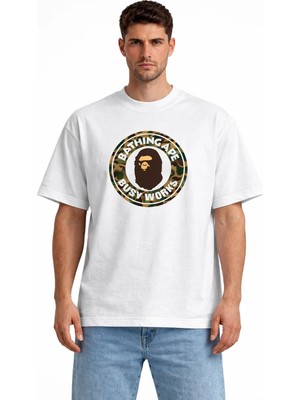 Camblys Unisex A Bathıng Ape Kamuflaj Ön Baskılı Oversize Kalın Kumaş Bol Kesim Pamuklu T-Shirt