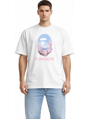 Camblys Unisex A Bathıng Ape Pembe Cıcek Yazı Ön Baskılı Oversize Kalın Kumaş Bol Kesim Pamuklu T-Shirt