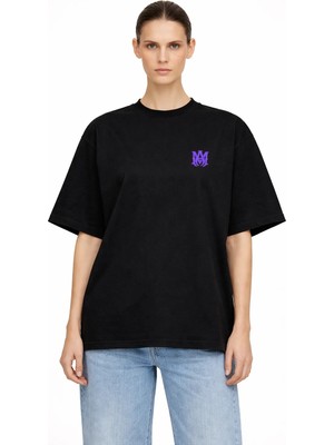 Camblys Unisex Amiri Klasik Logo Ön  Baskılı Oversize Kalın Kumaş Bol Kesim Pamuklu T-Shirt