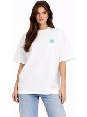 Camblys Unisex Amiri Klasik Logo Ön  Baskılı Oversize Kalın Kumaş Bol Kesim Pamuklu T-Shirt