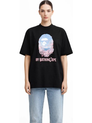 Camblys Unisex A Bathıng Ape Pembe Cıcek Yazı Ön Baskılı Oversize Kalın Kumaş Bol Kesim Pamuklu T-Shirt