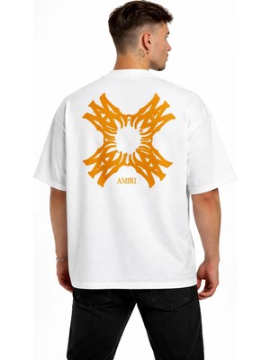 Camblys Unisex Amiri Yeni Sezon Desenli Ön Sırt Baskılı Oversize Kalın Kumaş Bol Kesim Pamuklu T-Shirt
