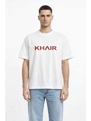 Camblys Unisex Khaır Kırmızı Yazı  Yeni Sezon Ön Baskılı Oversize Kalın Kumaş Bol Kesim Pamuklu T-Shirt