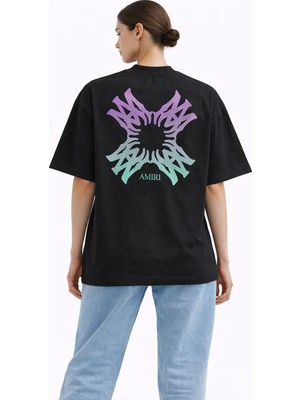 Camblys Unisex Amiri Geçiş Desenli Ön Sırt Baskılı Oversize Kalın Kumaş Bol Kesim Pamuklu T-Shirt