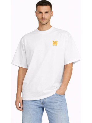 Camblys Unisex Amiri Klasik Logo Ön  Baskılı Oversize Kalın Kumaş Bol Kesim Pamuklu T-Shirt