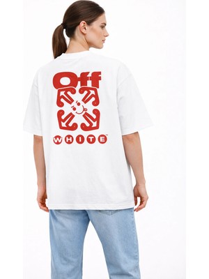 Camblys Unisex Off White Kırmızı Yeni Sezon Ön Sırt Baskılı Oversize Kalın Kumaş Bol Kesim Pamuklu T-Shirt