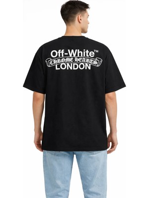 Camblys Unisex Off White Chrome Heart London Sırt Ön Baskılı Oversize Kalın Kumaş Bol Kesim Pamuklu T-Shirt