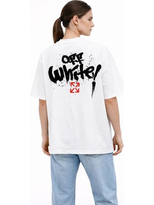 Camblys Unisex Off White Spray Desenli Sırt Baskılı Oversize Kalın Kumaş Bol Kesim Pamuklu T-Shirt