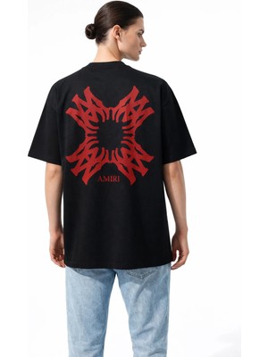 Camblys Unisex Amiri Yeni Sezon Desenli Ön Sırt Baskılı Oversize Kalın Kumaş Bol Kesim Pamuklu T-Shirt