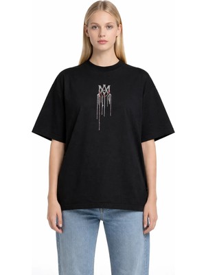 Camblys Unisex Amiri Akışkan Logo Ön Baskılı Oversize Kalın Kumaş Bol Kesim Pamuklu T-Shirt