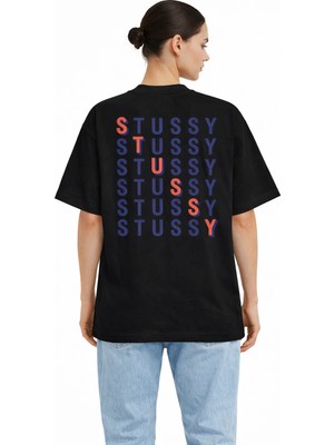 Camblys Unisex Stussy Lacivert Yazılı Yenı Sezon Baskılı Oversize Kalın Kumaş Bol Kesim Pamuklu T-Shirt