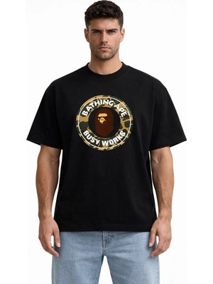 Camblys Unisex A Bathıng Ape Kamuflaj Ön Baskılı Oversize Kalın Kumaş Bol Kesim Pamuklu T-Shirt